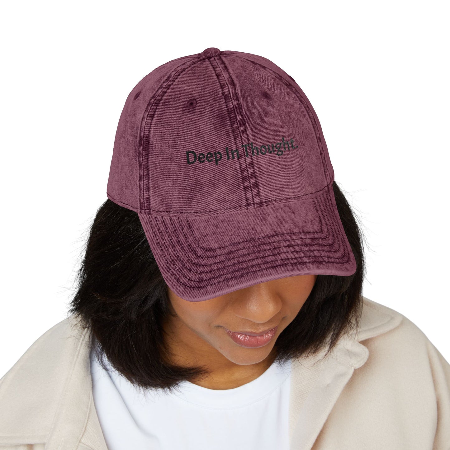Vintage Inspired Embroidered Cap - "Deep In Thought"