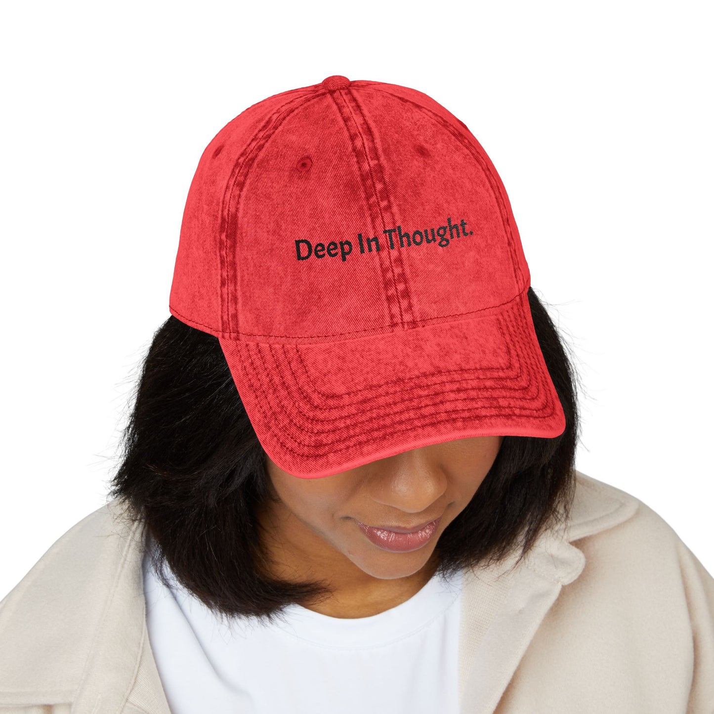 Vintage Inspired Embroidered Cap - "Deep In Thought"