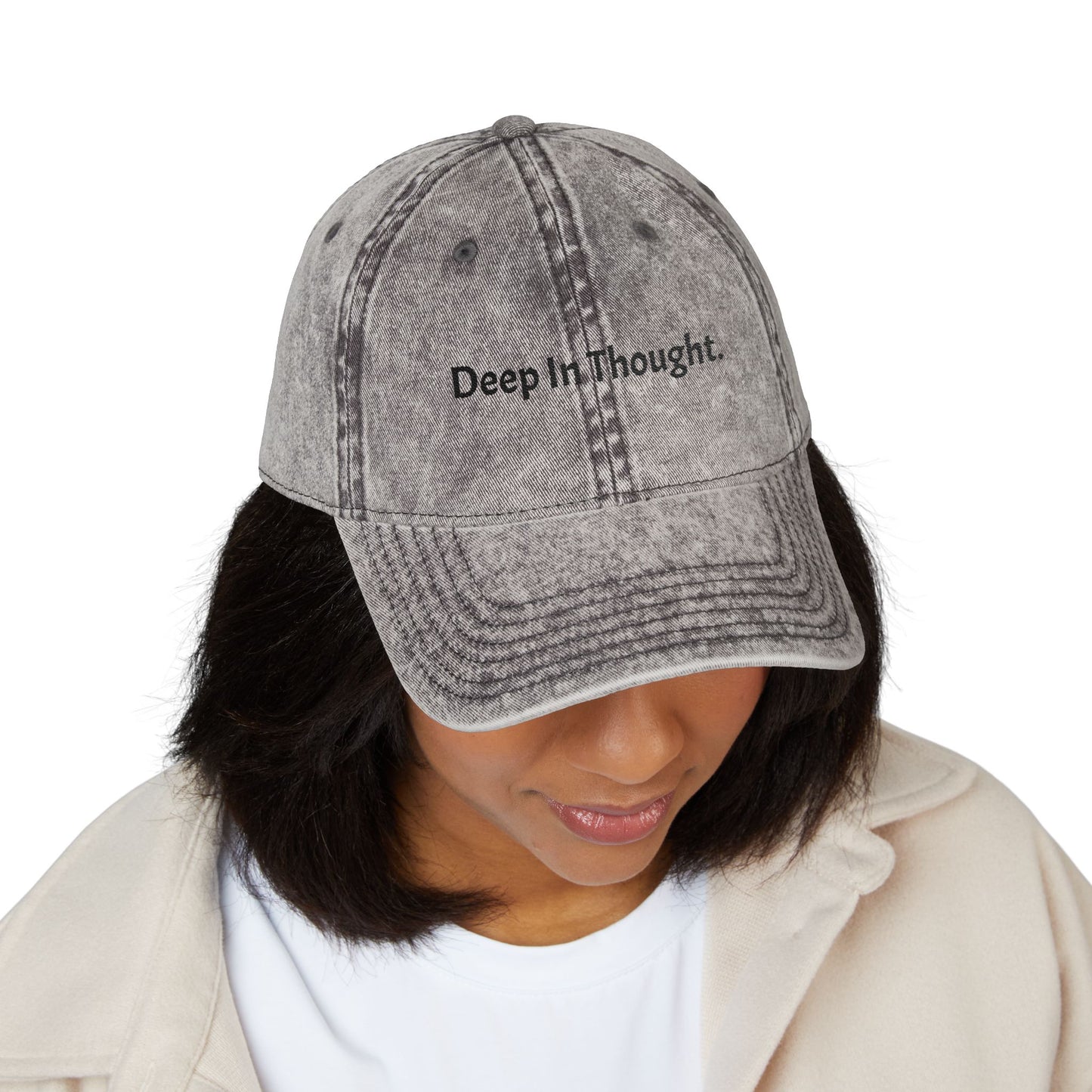 Vintage Inspired Embroidered Cap - "Deep In Thought"